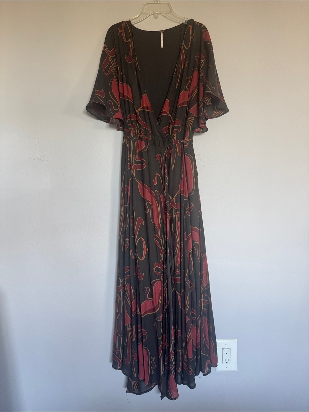 Free People Black Maxi Dress with Red & Gold Swirl Print